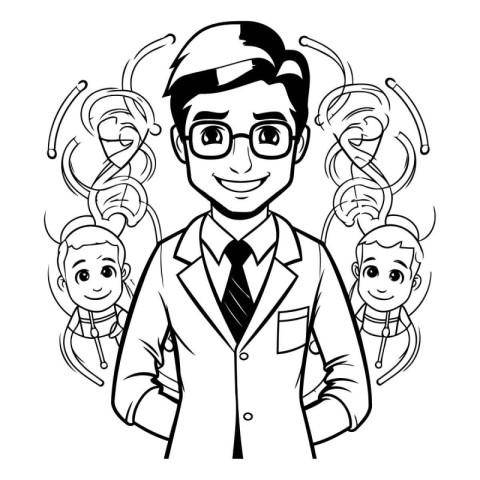 Black and White Cartoon Illustration of Doctor or Nurse Characte