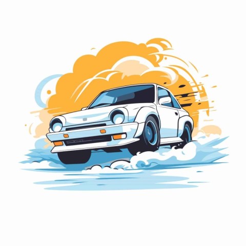 Vector illustration of a car on a background of clouds and sky.