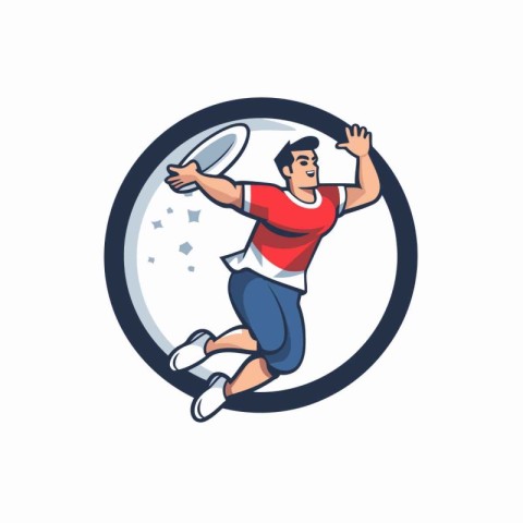 Rugby player running with ball. Vector illustration in circle.