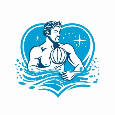 Water polo player with ball in swimming pool. Vector illustratio