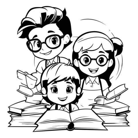 School kids with books cartoons vector illustration graphic desi