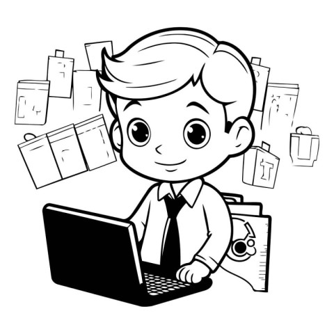 Black and White Cartoon Illustration of Businessman with Laptop