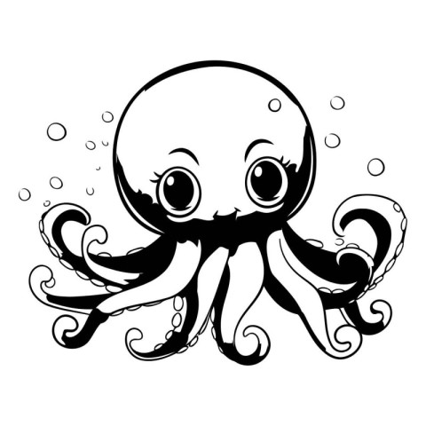 Octopus in the sea. black and white vector illustration isolated