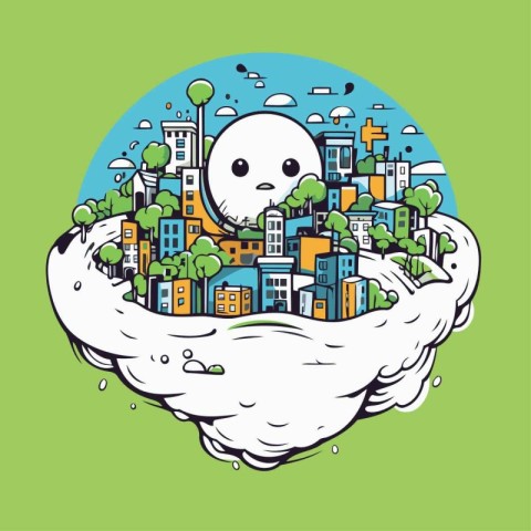 Vector illustration of a cartoon city in a cloud with a sad face