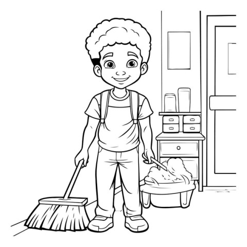 cute little boy cleaning the house with broom cartoon vector ill