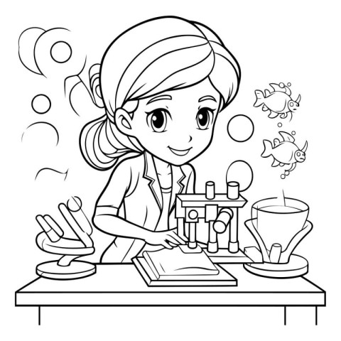 Black and white illustration of a girl doing science experiments