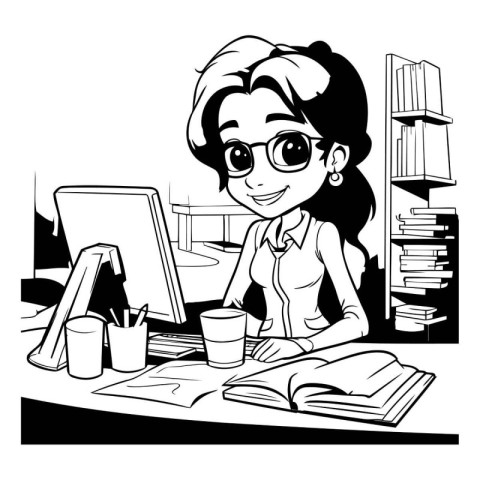 Black and White Cartoon Illustration of Young Businesswoman Work