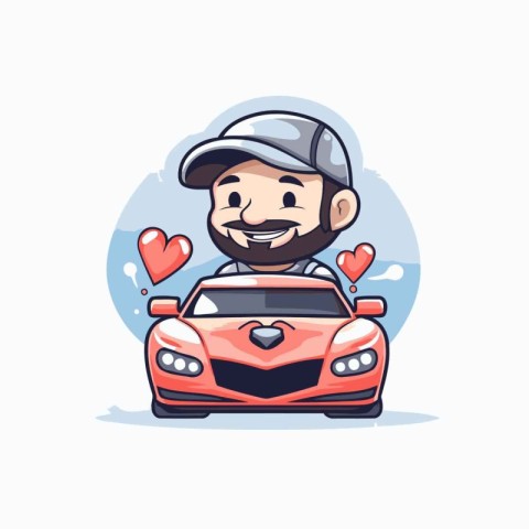 Cute cartoon man driving a car with love. vector illustration.