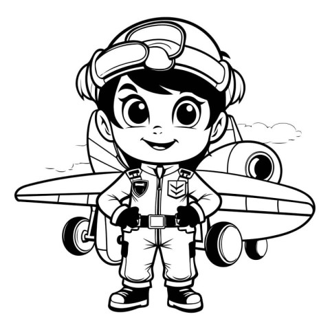 Boy pilot with airplane. Vector illustration. Coloring book for