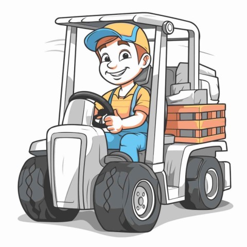 Cartoon illustration of a little boy driving a forklift truck.