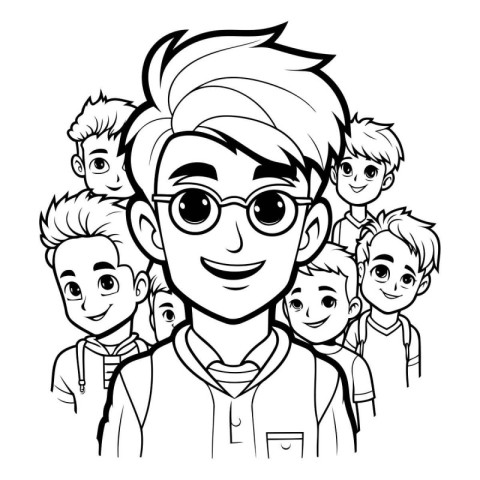 Boy with glasses and many children in the background. Vector ill