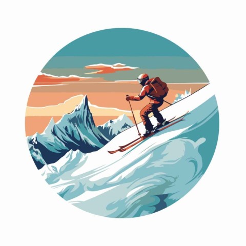 Skiing in the mountains. Vector illustration in retro style.