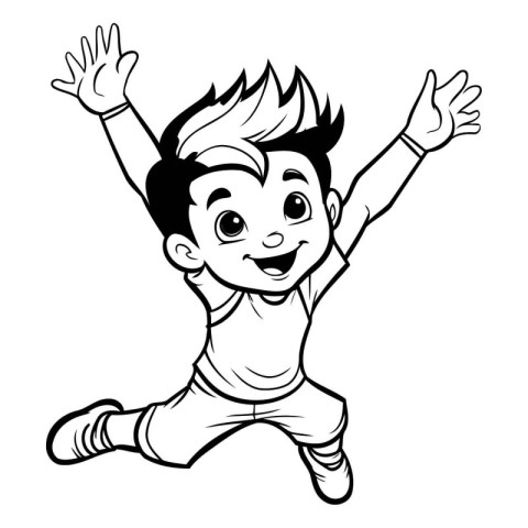 Happy Boy Jumping - Black and White Cartoon Illustration. Vector