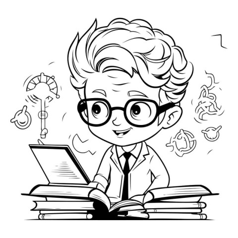 Black and White Cartoon Illustration of Schoolboy or Student wit