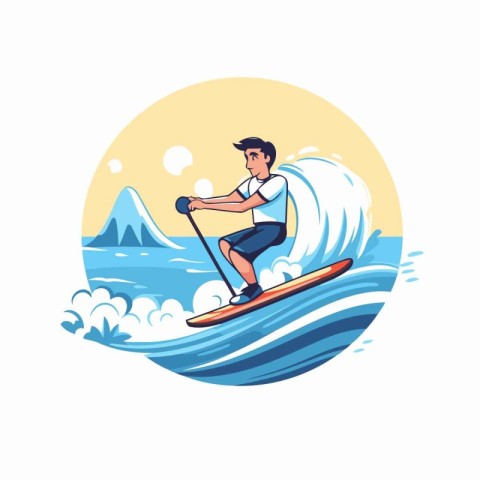 Young man on a surfboard. Vector illustration in a flat style