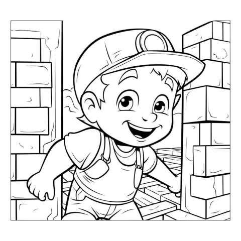 Black and White Cartoon Illustration of Kid Boy Builder Characte