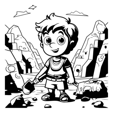 Black and White Cartoon Illustration of Kid Boy Climbing a Rock