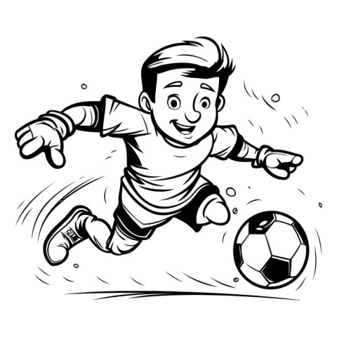 Soccer player kicking the ball. Black and white vector illustrat