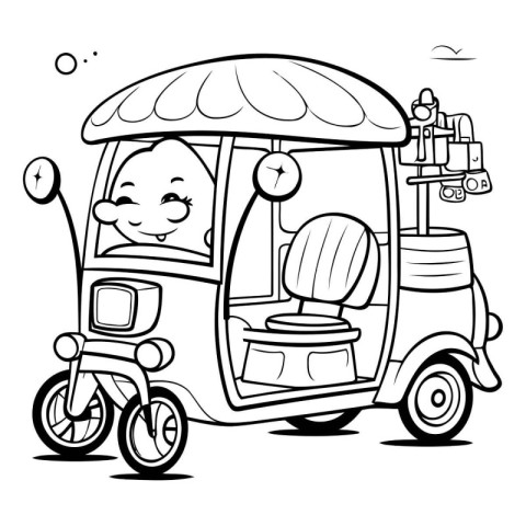 Black and White Cartoon Illustration of a Tuk Tuk Taxi or Tuk Ke