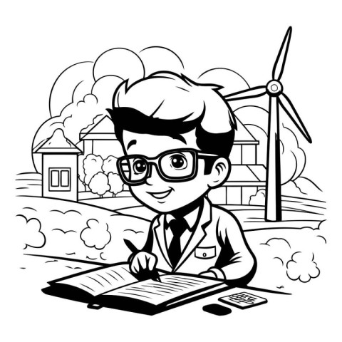 Black and White Cartoon Illustration of Scientist or Professor C