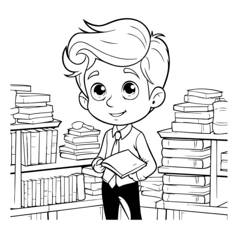 Black and White Cartoon Illustration of Kid Boy Reading a Book a