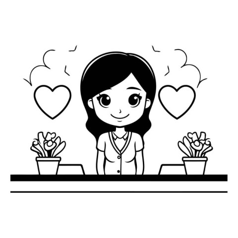 cute girl with flowers in pot and heart vector illustration grap