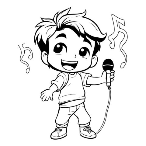 Boy Singing with Microphone - Black and White Cartoon Illustrati