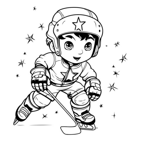 Vector illustration of a boy playing hockey. Coloring book for c