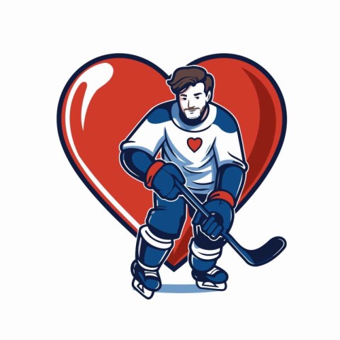 Hockey player with a hockey stick and heart. Vector illustration