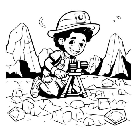 Cartoon illustration of explorer or explorer with binoculars on