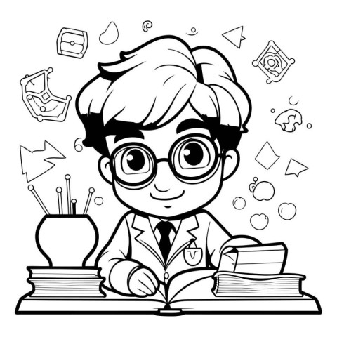 Black and White Cartoon Illustration of Kid Boy Student Studying