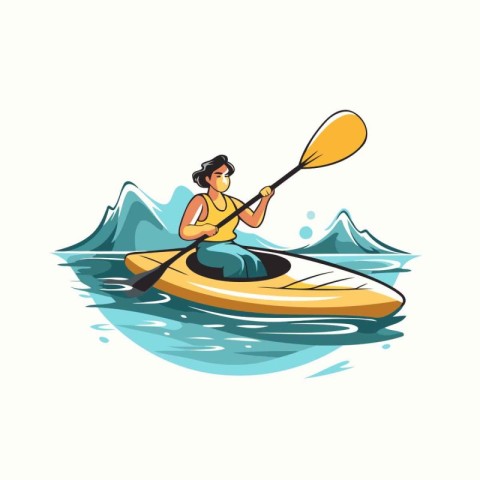 Woman paddling a kayak on the ocean. Vector illustration.