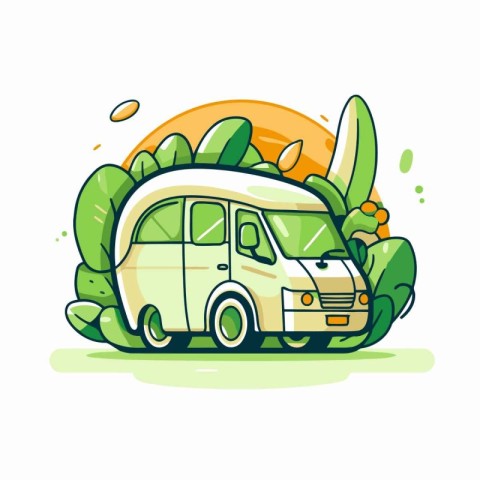 Vector illustration of a camper van in the jungle on a white bac