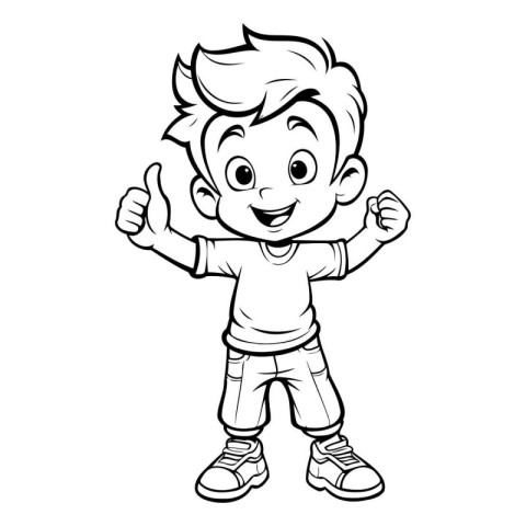 Boy with thumbs up - Black and White Cartoon Illustration. Vecto