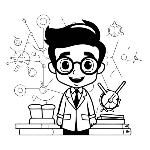 School boy in glasses with books. Black and white vector illustr