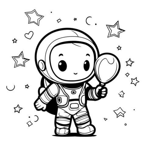 Cute astronaut with a magic wand and stars. Vector illustration.