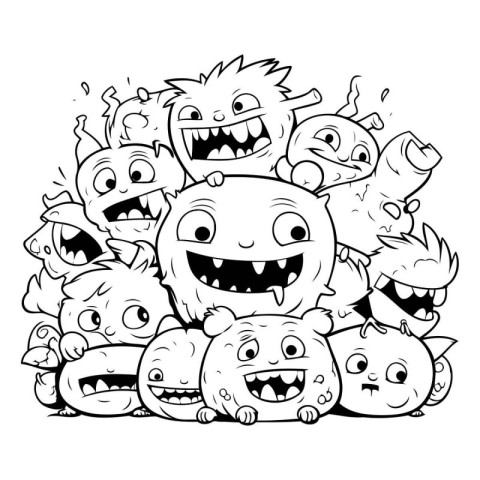 Black and White Cartoon Illustration of Funny Monsters Group for