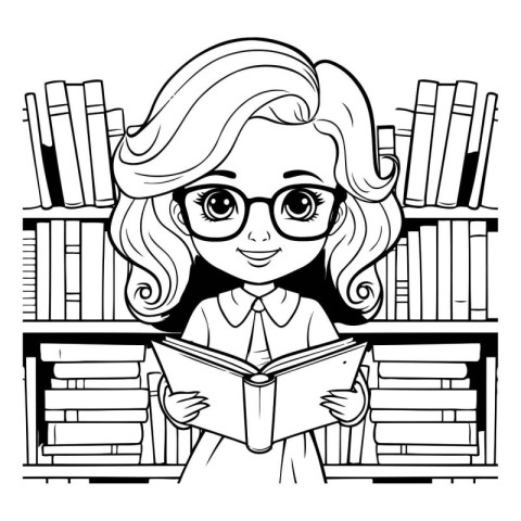 Girl reading a book in library. black and white vector illustrat