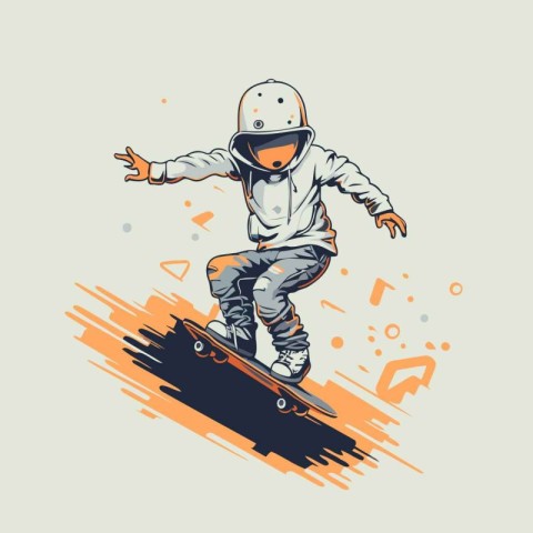 Skateboarder in helmet riding on skateboard. Vector illustration