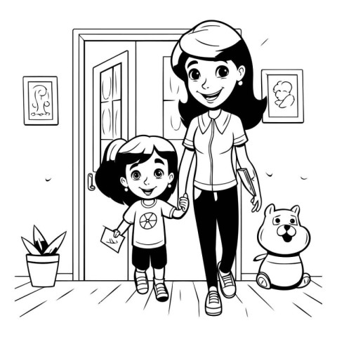 Family single mother with little son and dog cartoon vector illu