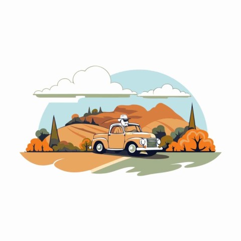 Retro car on the road in the mountains. Vector illustration.