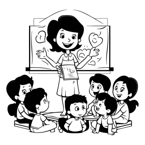 Teacher with students and chalkboard design. School education le