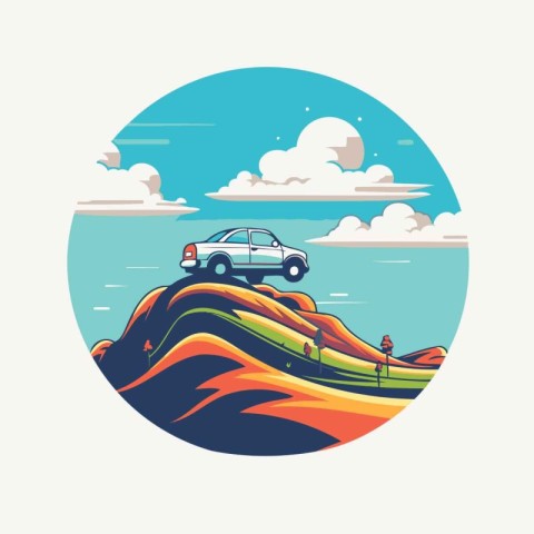 Car on the beach. Vector illustration in a flat style. Round ico