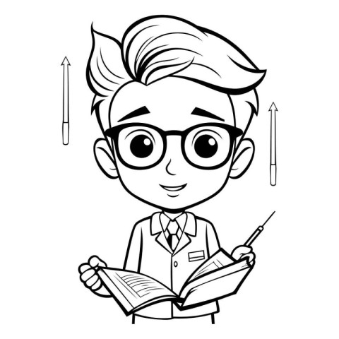 School boy with glasses and a book. Black and white vector illus