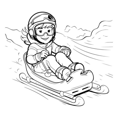 Skiing boy. black and white vector illustration. coloring book