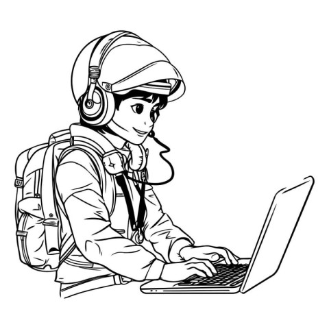 Vector illustration of a boy in a helmet and with a laptop.