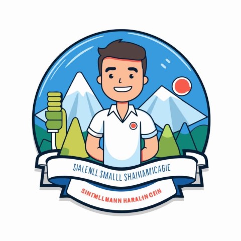 Ski resort emblem with young man in t-shirt. Vector illustration