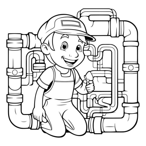 Black and White Cartoon Illustration of Cute Plumber or Plumber