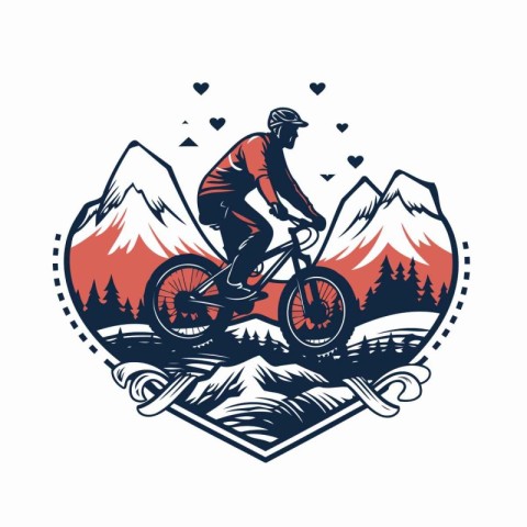 Mountain biker in the mountains. vintage vector emblem isolated