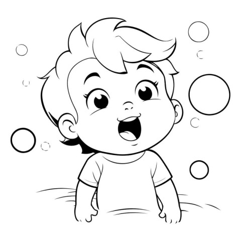 Cartoon baby boy playing with soap bubbles. Vector illustration